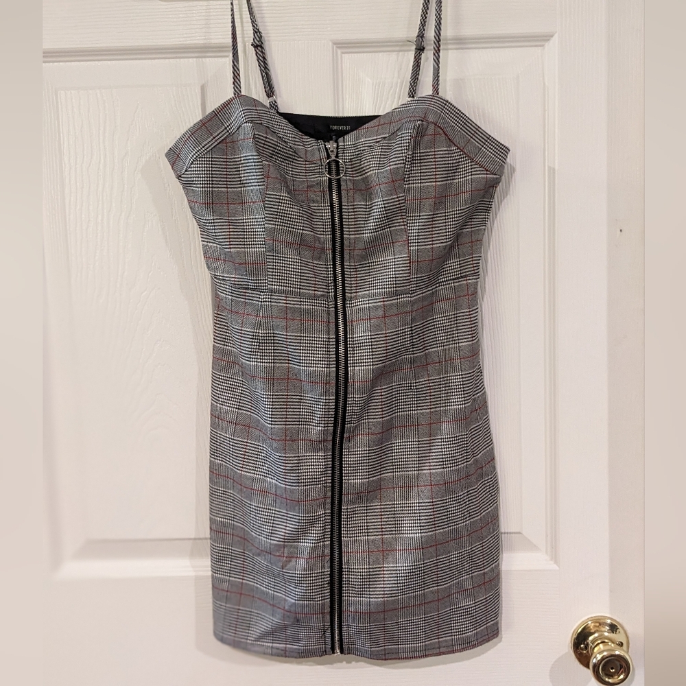 Forever 21 Grey & Black Plaid Mini Bodycon Dress With Zip Front - Size Small